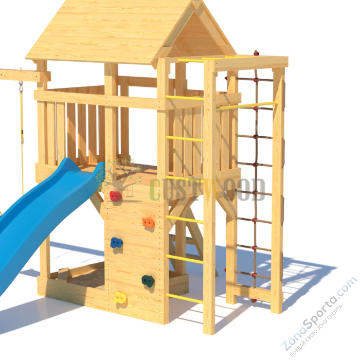 Детская деревянная игровая площадка для улицы дачи CustWood Scout S4+ с большой деревянной крышей