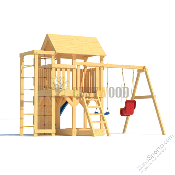 Детская деревянная игровая площадка для улицы дачи CustWood Scout S4+ с большой деревянной крышей